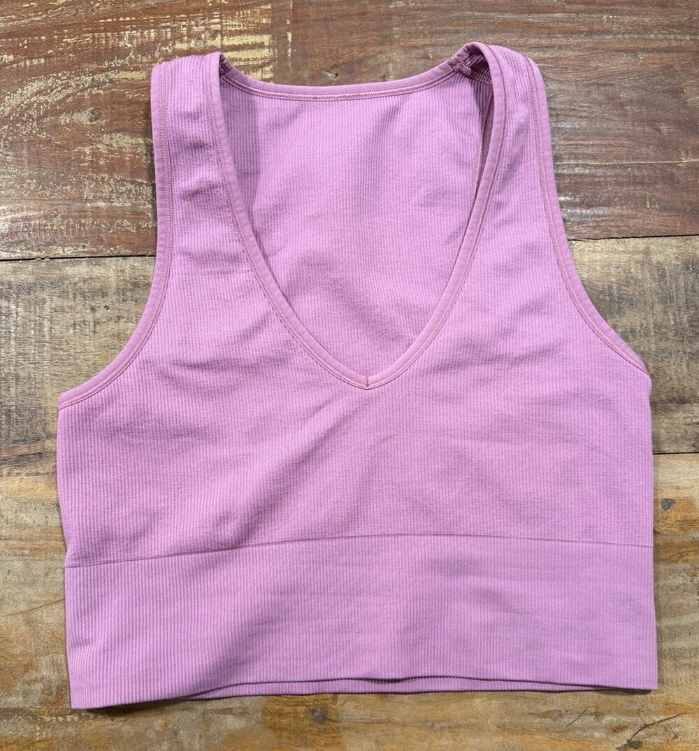 Athleta Women’s Pink Ribbed V Neck Longline Sports Bra Crop Tank Top